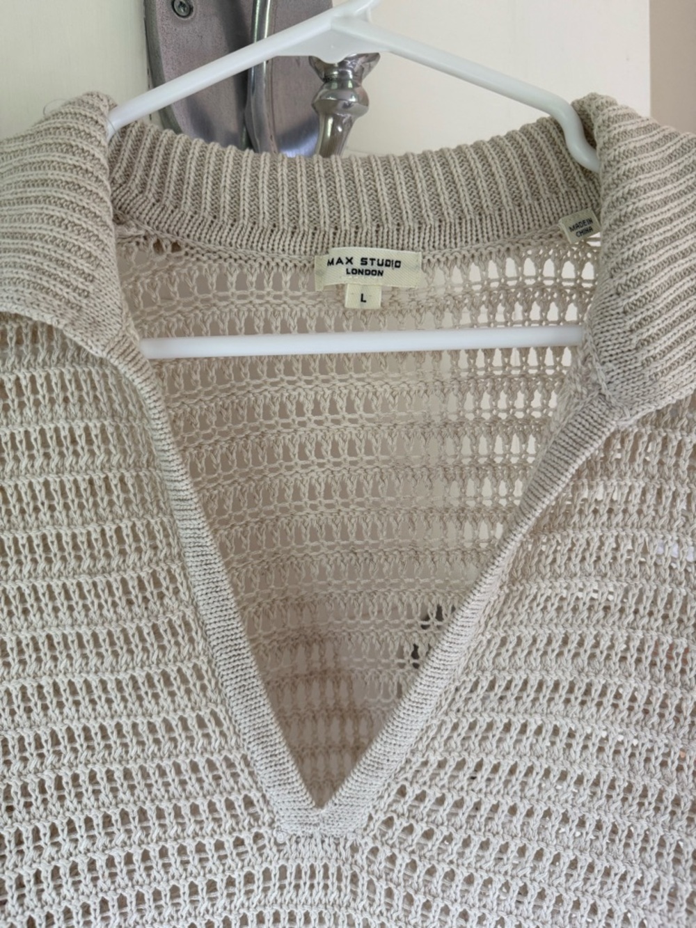 Max Studio Open-Weave Collared Sweater Top in Light Beige - Picture 2 of 3